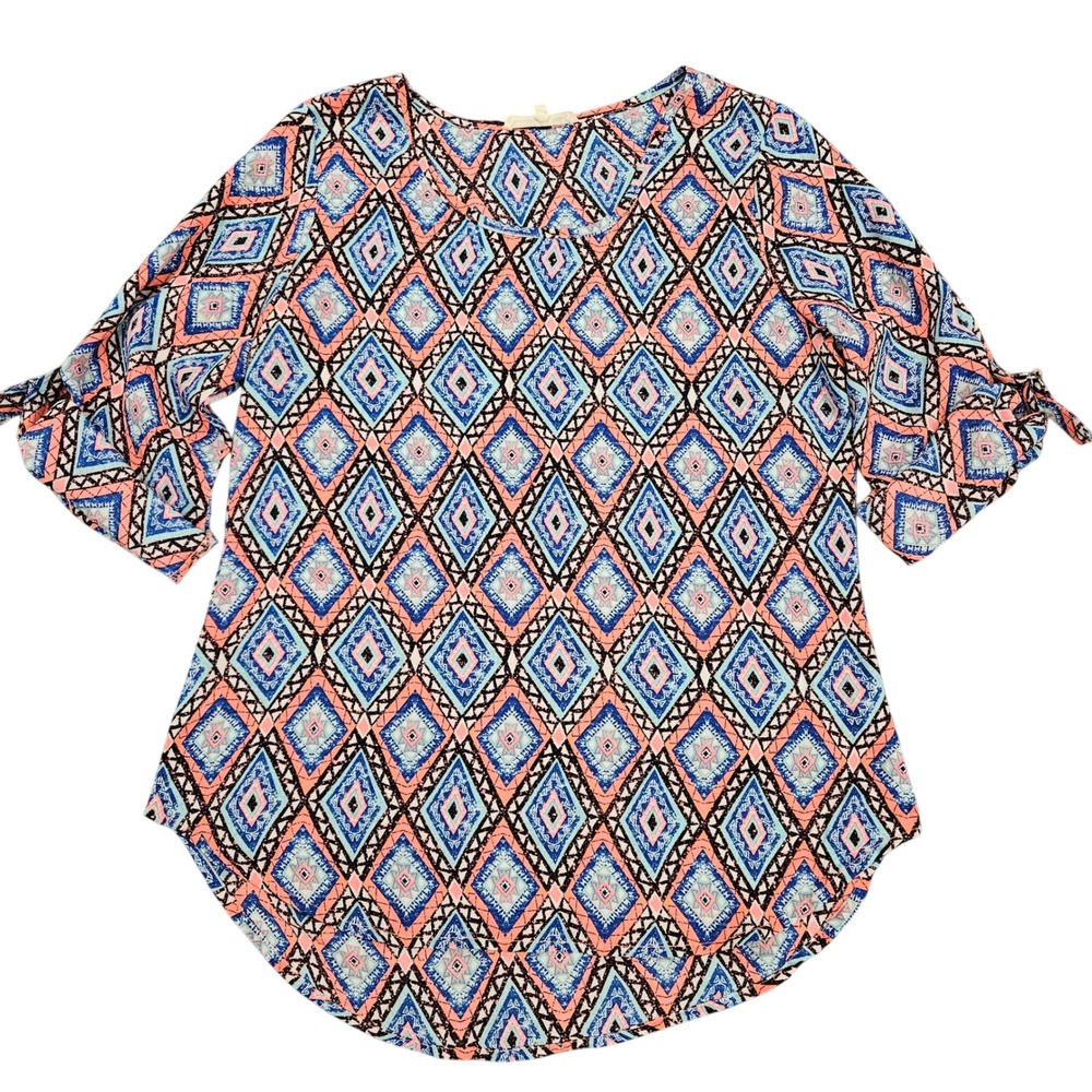 Wishful Park Geometric Diamond Print Blouse Blue Coral 3/4 Tie Sleeve Small